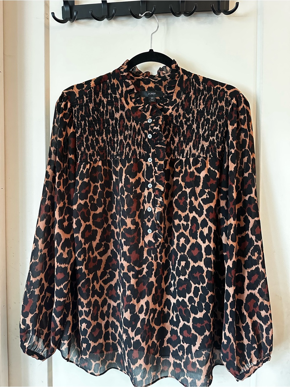 J. Crew Women’s Leopard Print Smocked Yoke Blouse Sheer - Black/Tan